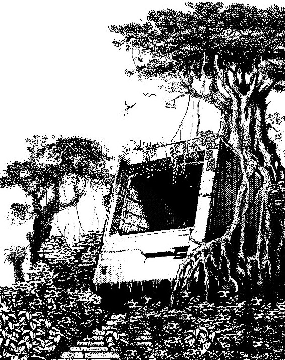 computer-in-jungle.jpeg 1 bit dithered aesthetic artwork of a giant sized classic mac bedded in jungle overgrowth at the top of a hill with stone stairs leading to the base as an ancient temple.