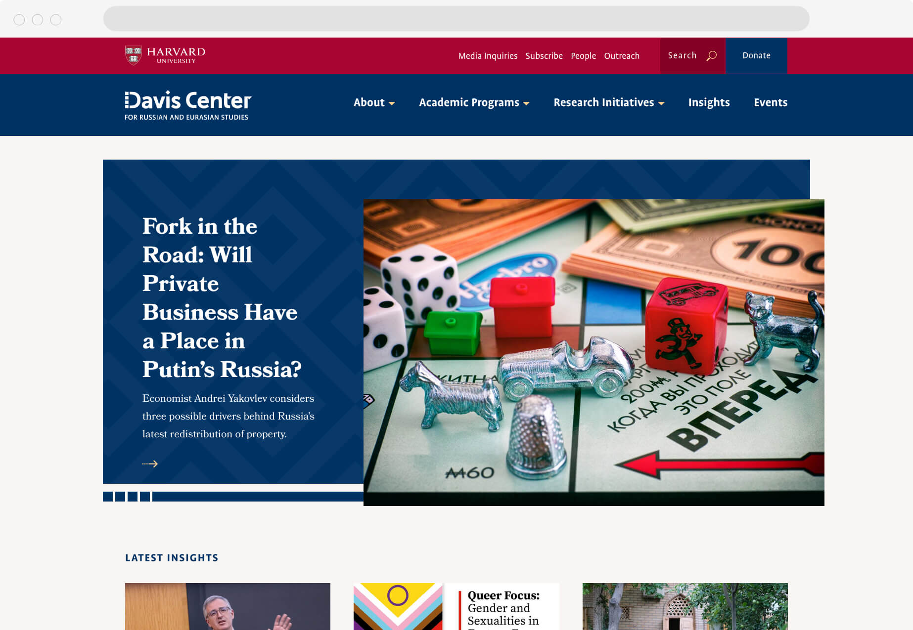 A homepage snapshot for the Davis Center with hero text "Fork in the road: will private business have a place in Putin's Russia?" next to a close up image of a Monopoly game board.