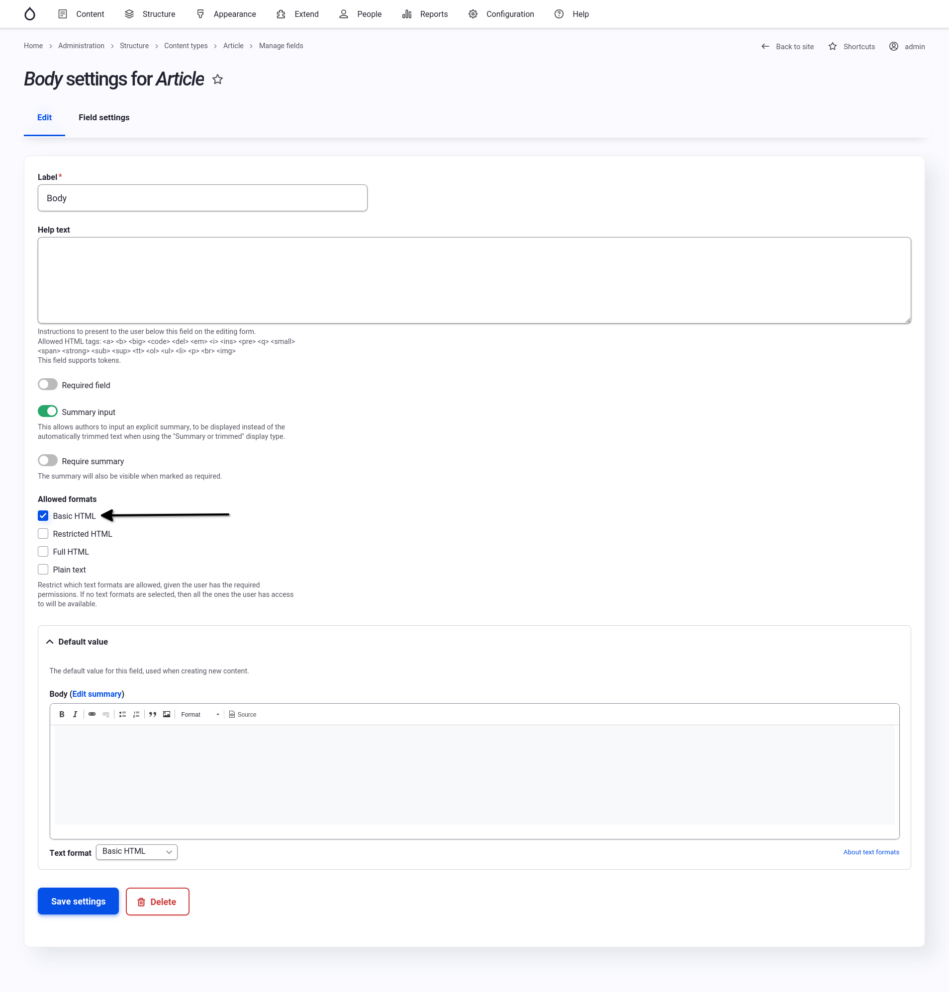 Body field settings with Allowed Formats option.