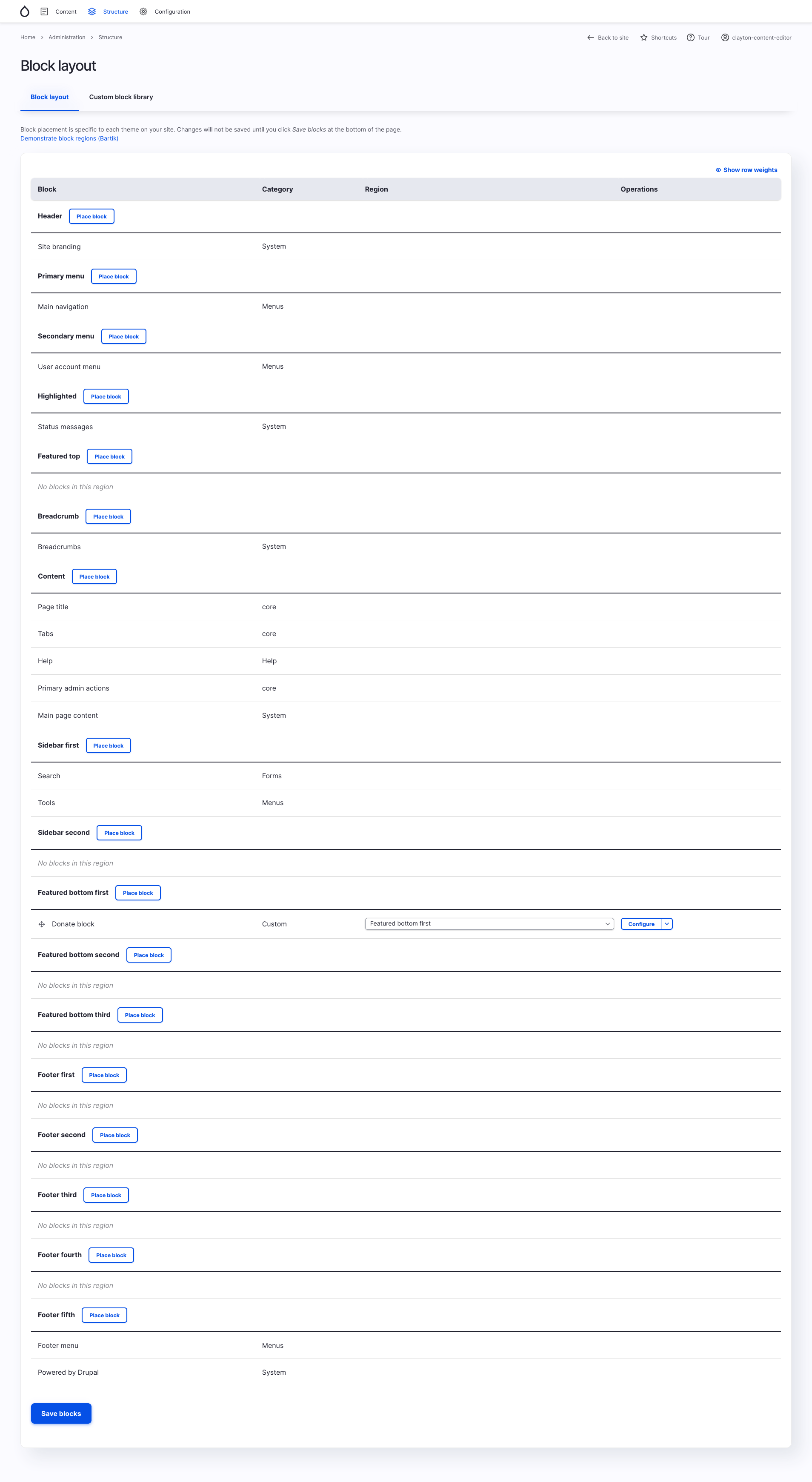 Drupal's Block Administration page, showing only the blocks the content editor has permission to edit.