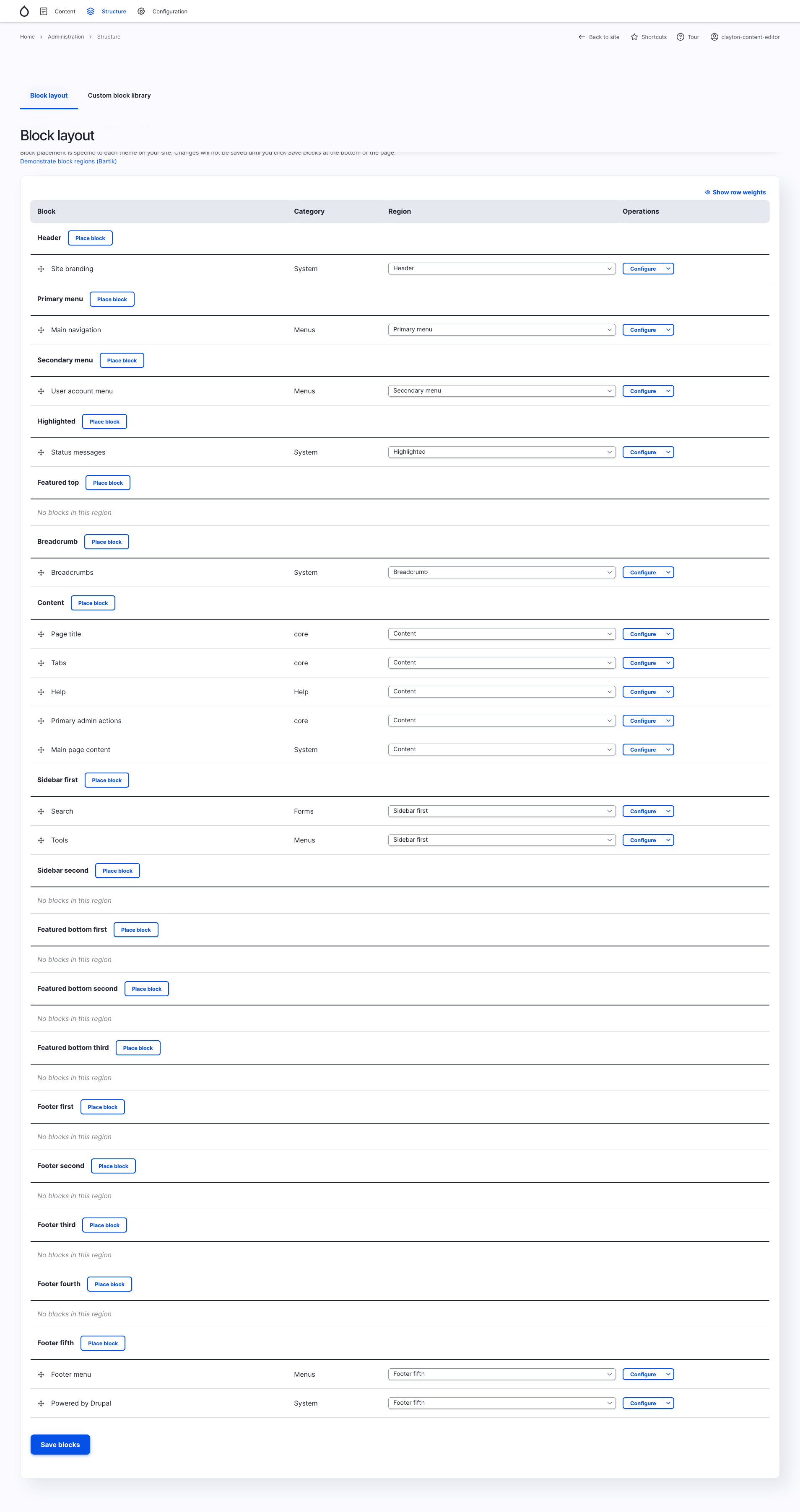 Drupal's Administer Blocks page.