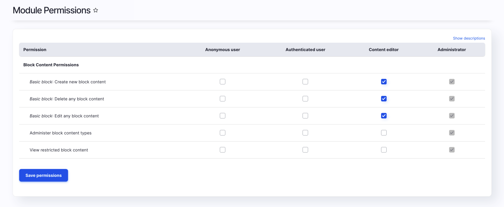 The Drupal permissions page with the Block Content Permissions provided permissions.