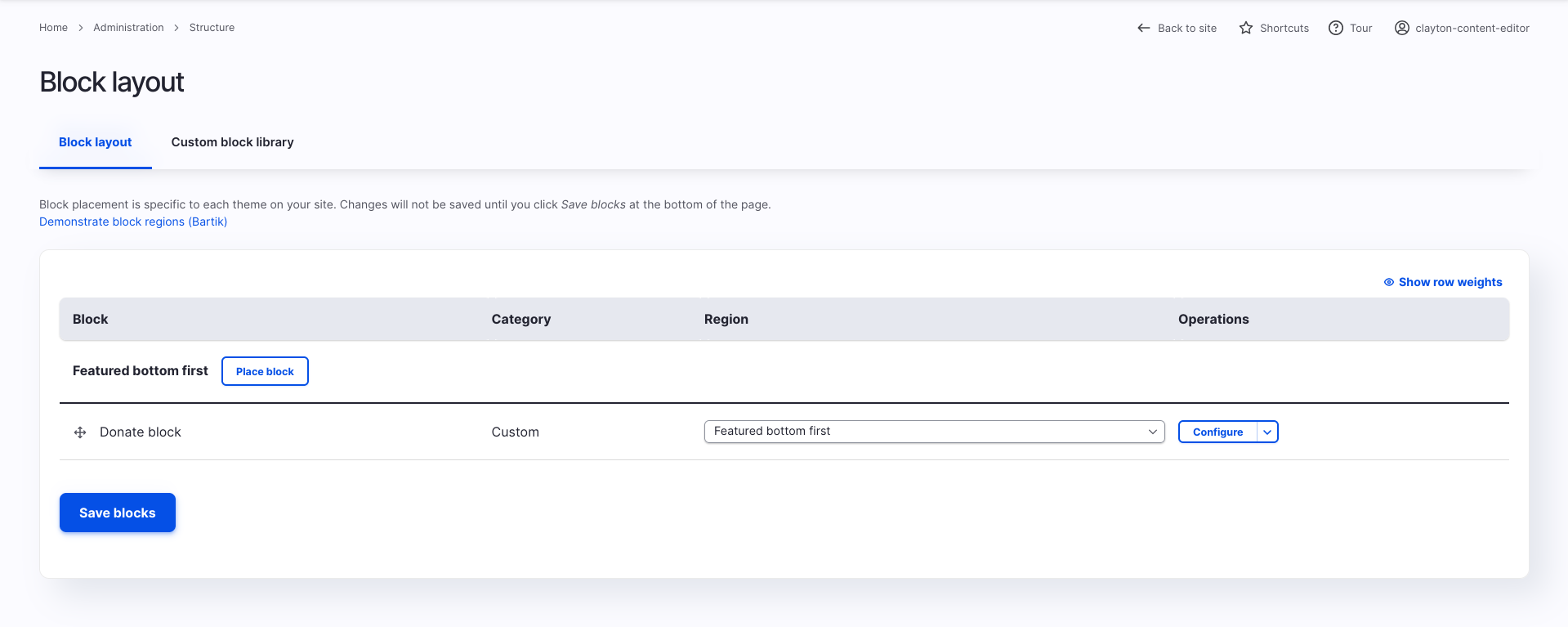 Drupal's Block Administration page, dramatically simplified.