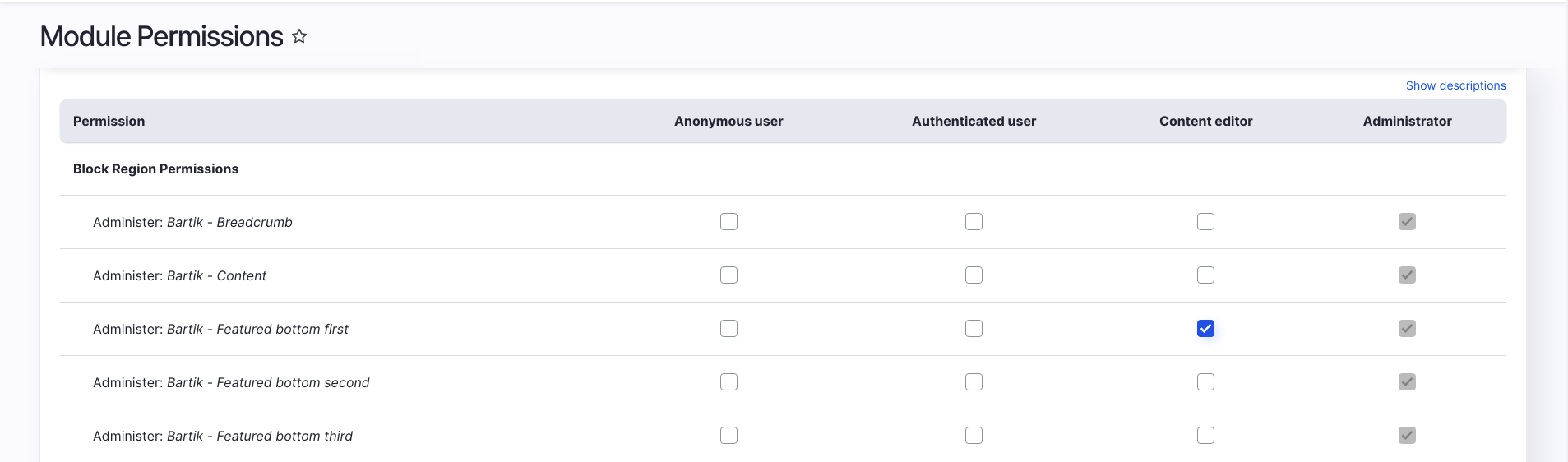 Drupal permissions page with the content editor granted permission to only edit. blocks in the featured Bottom First region.