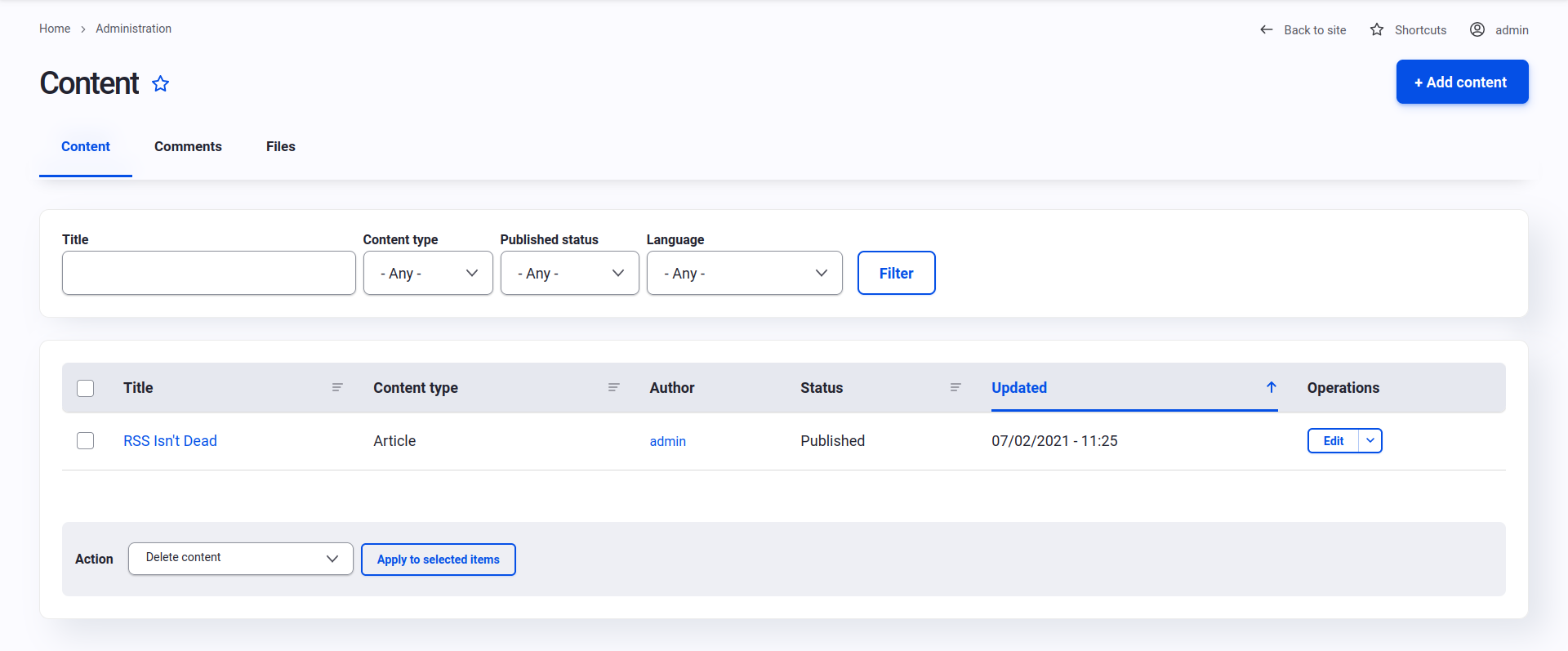 Drupal's Administer Content page.