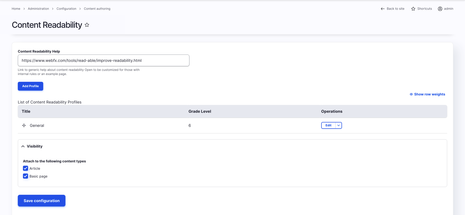 Configuration page for the Content Readability module.