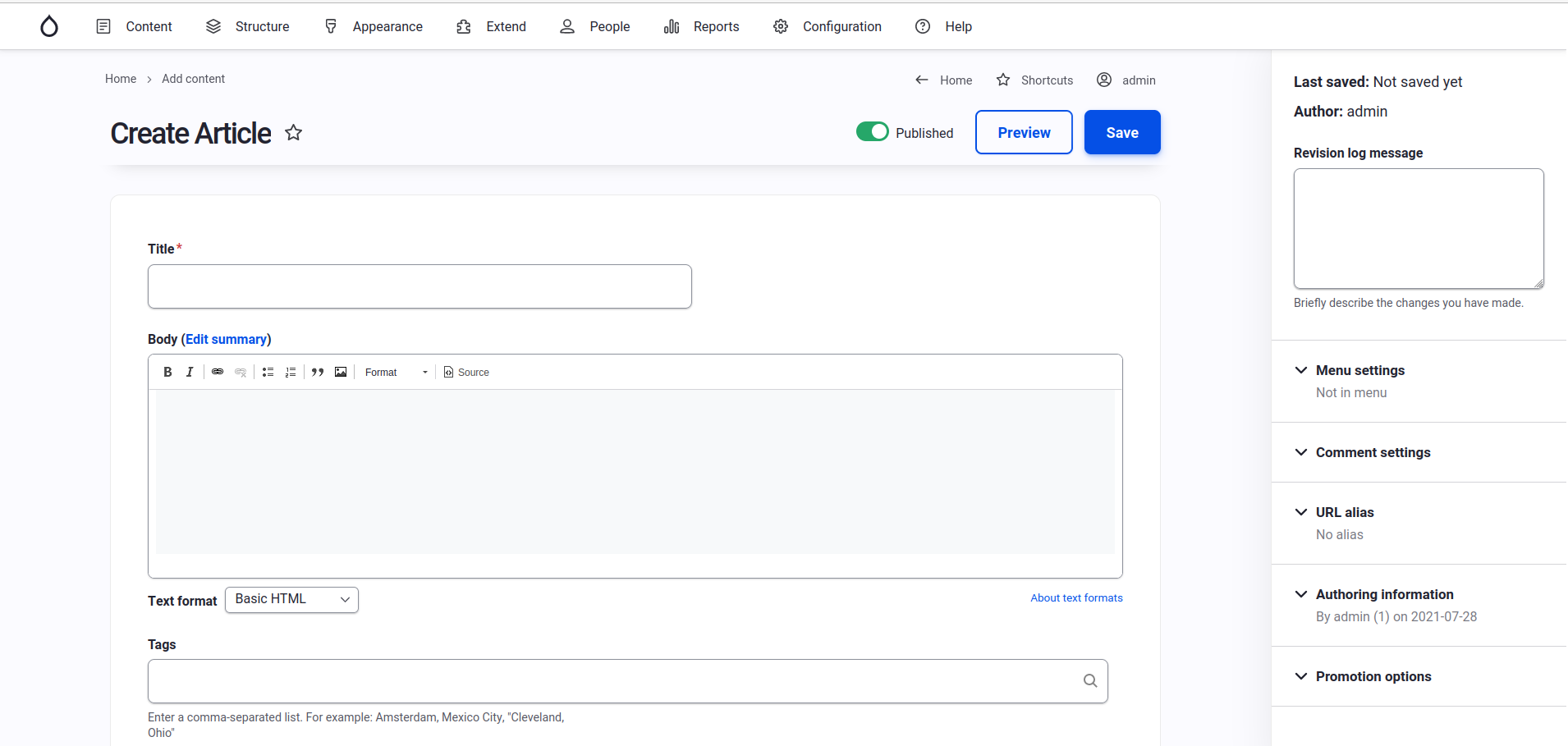 The Article entry form using the Gin administrative theme.