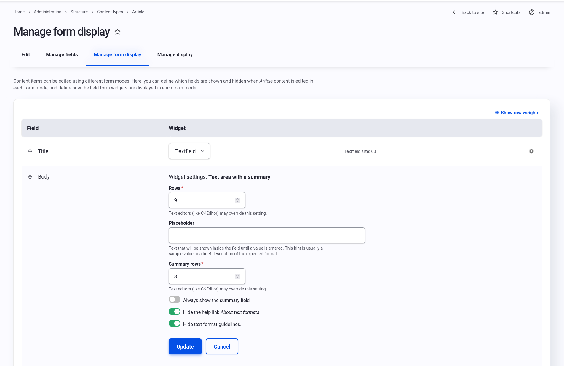 Manage form display settings to hide the about text formats info.