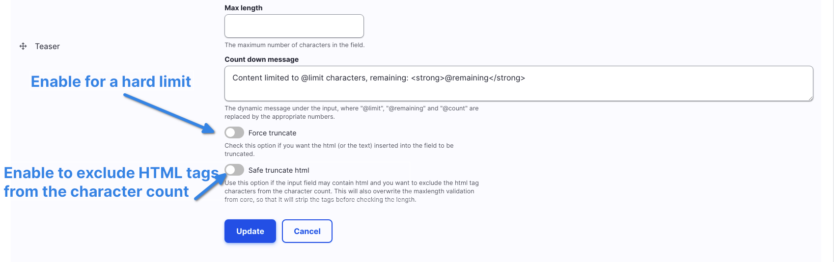 Screenshot of the Maxlength field form settings.