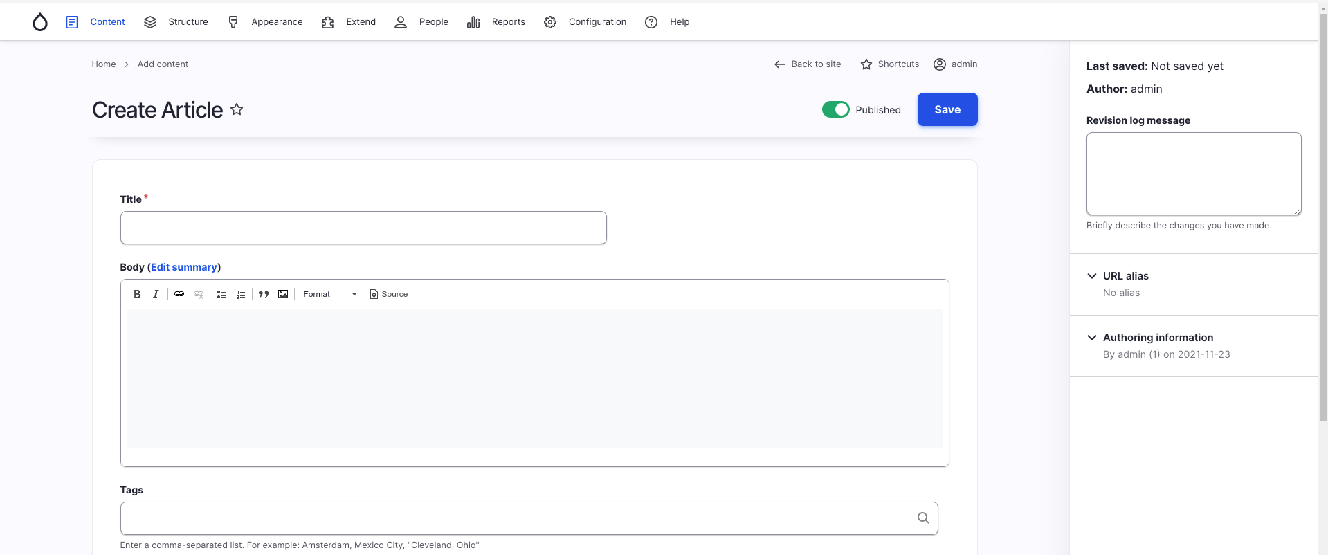 The Article entry form without the "About text formats" link.