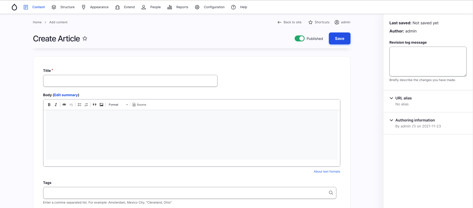 The Article entry form without the text formats select list.