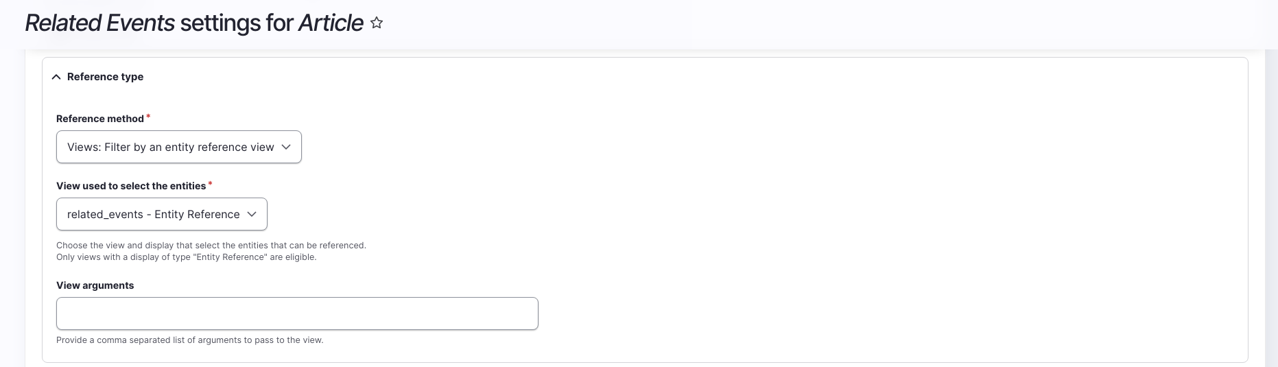 Entity reference field settings using an Entity Reference view instead of the default behavior.