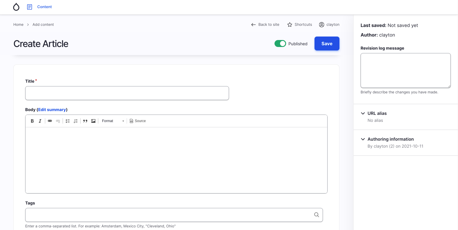 A clean node creation form for authors.