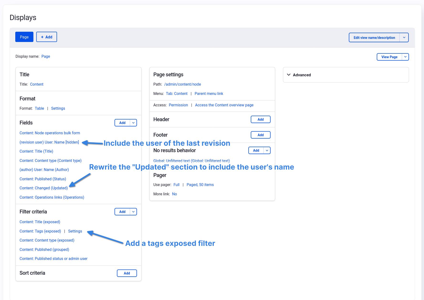 Drupal View for the content administration page.