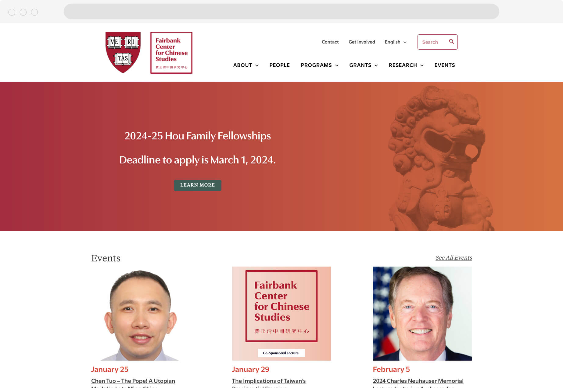 Fairbank Center homepage featuring a captivating red dragon design in the hero area.