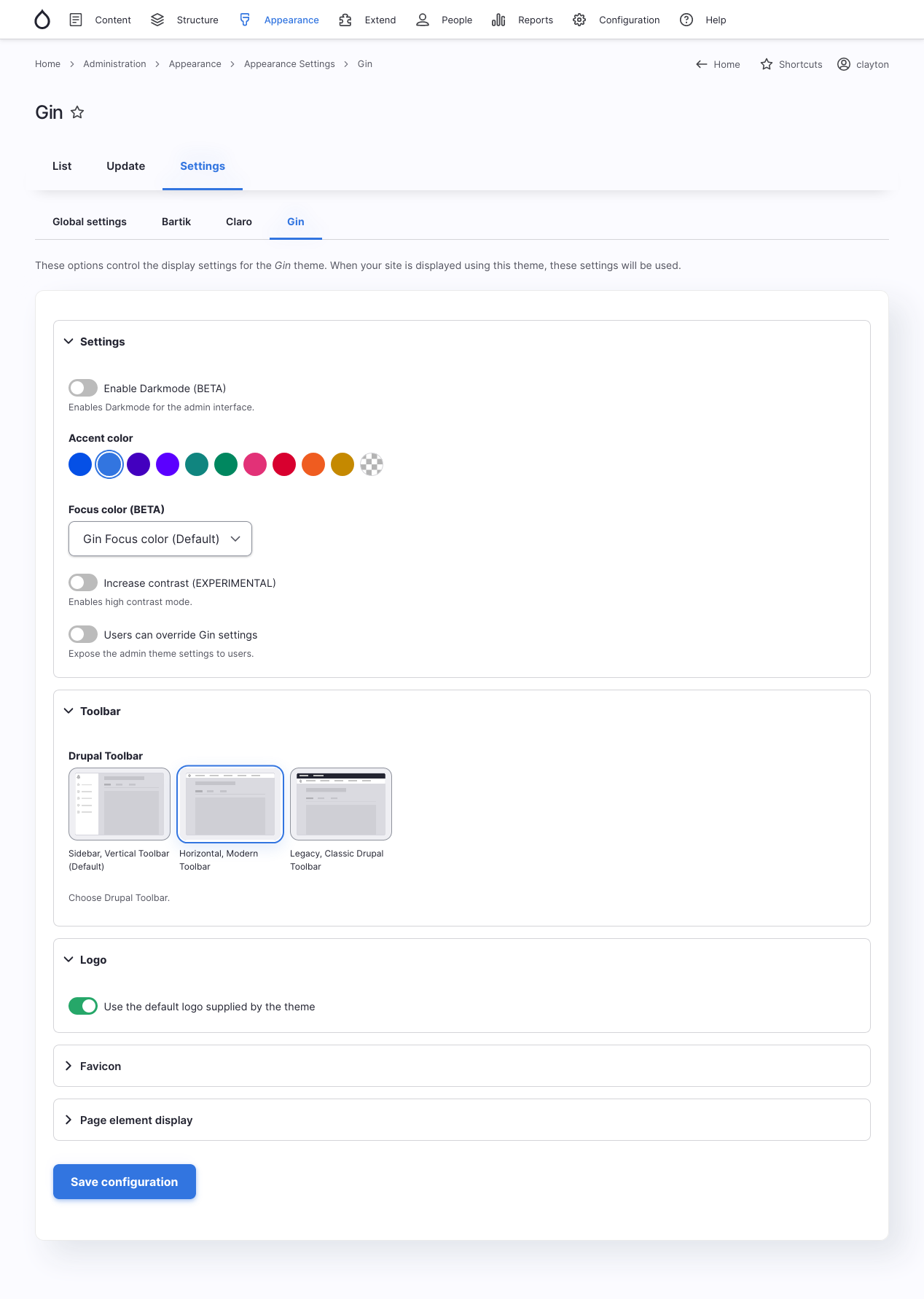 The settings page for the Gin theme.