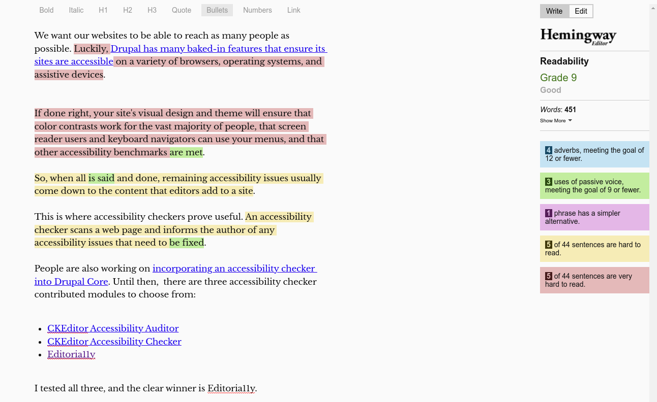 Text highlighted for complete sentences, passive voice and other readability issues by the Hemingway Editor.