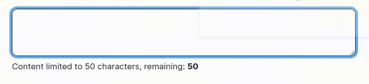 A text field with Maxlength enabled, showing a character countdown message.