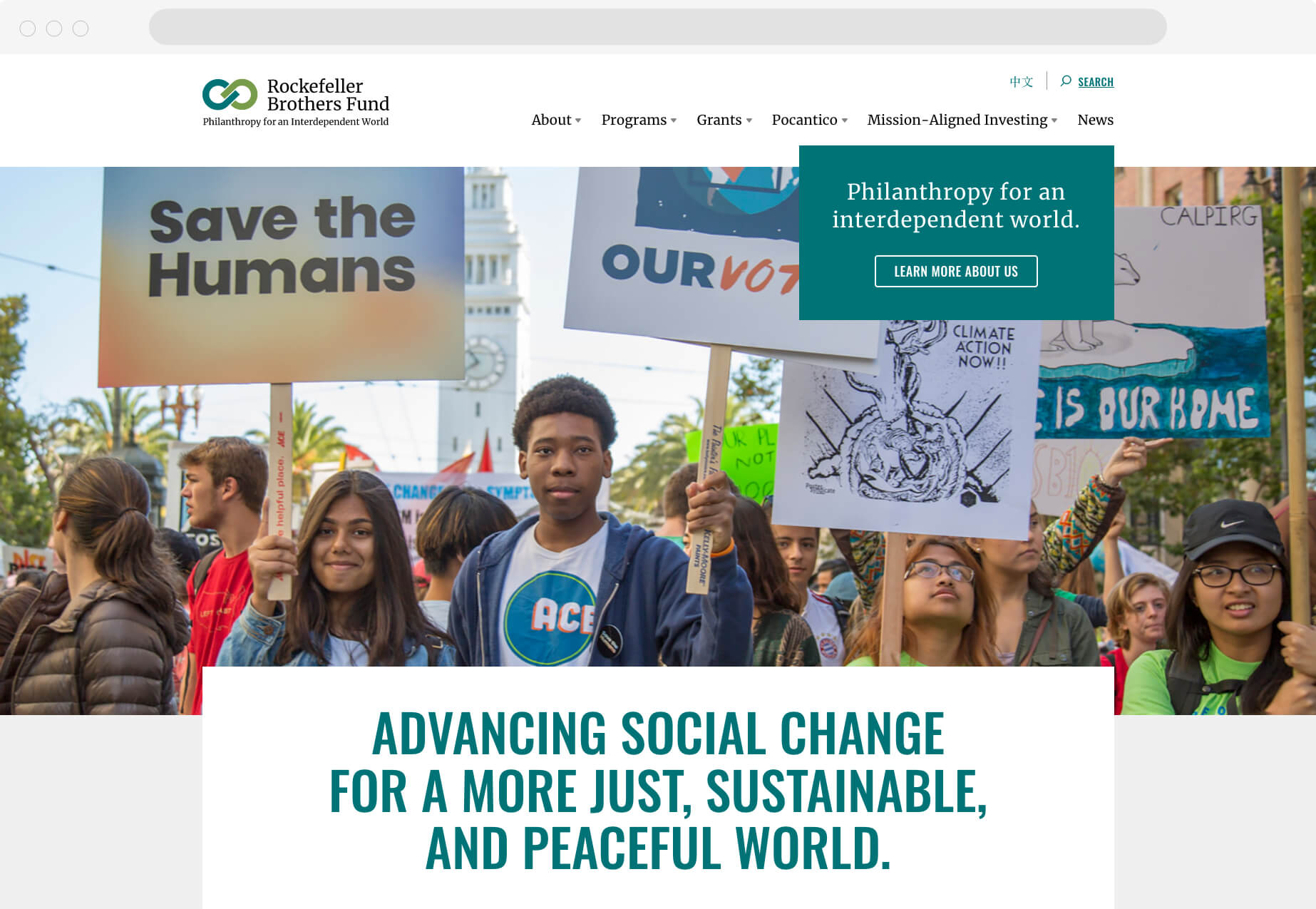 A homepage with a large hero image of a group of people holding up signs and protesting and the words "Advancing social change for a more just, sustainable, and peaceful world"