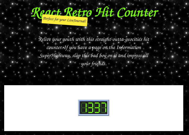 The React Retro Counter website with compelling copy in a neon lime retro font with a digitally animated starry universe background.
